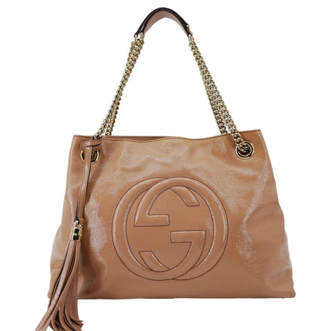 GUCCI Soho Medium Patent Leather Chain Tote Bag Beige 308982