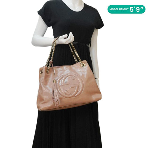 GUCCI Soho Medium Patent Leather Chain Tote Bag Beige 308982