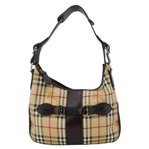 BURBERRY Haymarket Check House Canvas Buckle Shoulder Bag Dark Brown