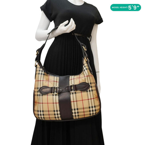 BURBERRY Haymarket Check House Canvas Buckle Shoulder Bag Dark Brown