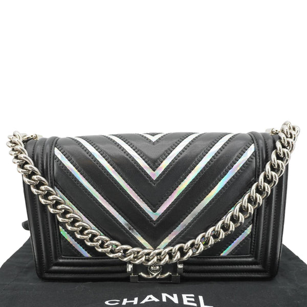 CHANEL Boy Flap Chevron Leather with Holographic PVC Crossbody Bag Black