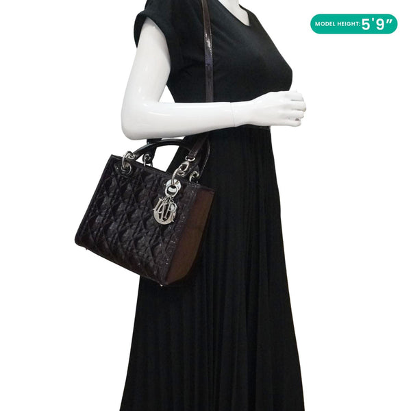 CHRISTIAN DIOR Lady Dior Quilted Patent Leather Shoulder Bag Burgundy