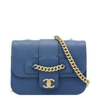 CHANEL Front Chain Flap Quilted Leather Shoulder Bag Blue