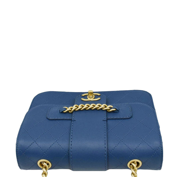 CHANEL Front Chain Flap Quilted Leather Shoulder Bag Blue