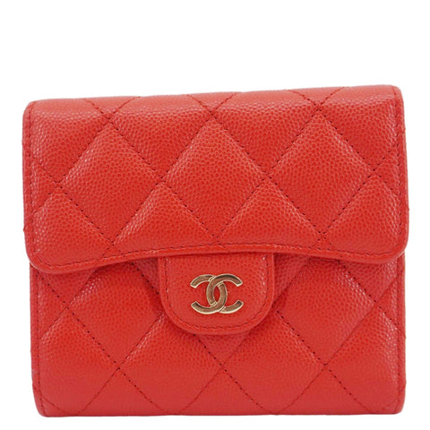 CHANEL Chevron Caviar Leather Compact Wallet Red