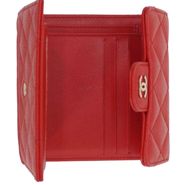CHANEL Chevron Caviar Leather Compact Wallet Red
