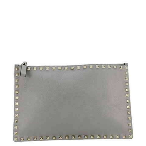 VALENTINO GARAVANI Rockstud Zip Clutch Leather Pouch Grey