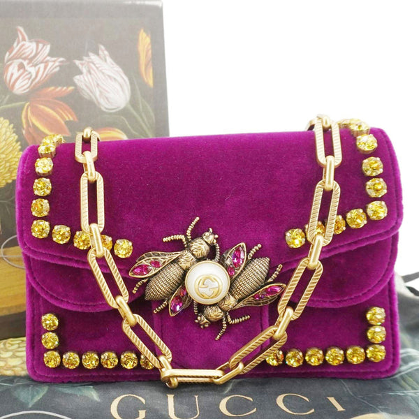 GUCCI Broadway Crystal Bee Mini Velvet Shoulder Bag Raspberry Rose 489218
