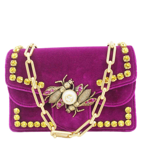 GUCCI Broadway Crystal Bee Mini Velvet Shoulder Bag Raspberry Rose 489218