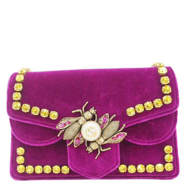 GUCCI Broadway Crystal Bee Mini Velvet Shoulder Bag Raspberry Rose 489218