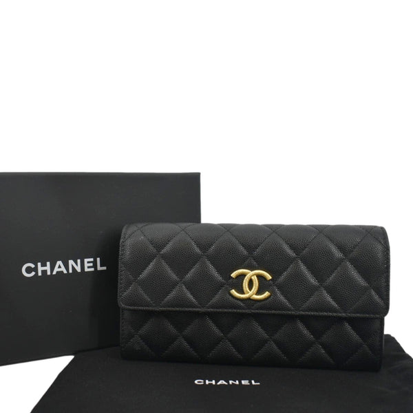 CHANEL Long Flap Quilted Caviar Wallet with logo view