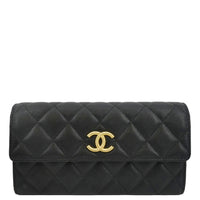CHANEL Long Flap Quilted Caviar Wallet Black - front view