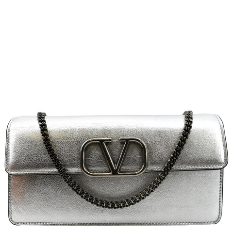 VALENTINO VLogo Signature Metallic Leather Wallet On Chain Crossbody Bag Silver