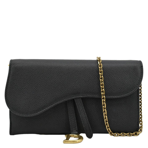 CHRISTIAN DIOR Long Saddle Leather Crossbody Chain Wallet Black