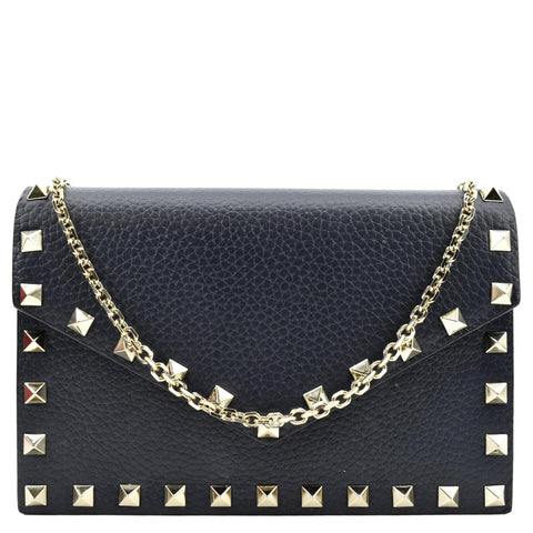 VALENTINO Garavani Rockstud Envelope Leather Chain Crossbody Bag Navy Blue