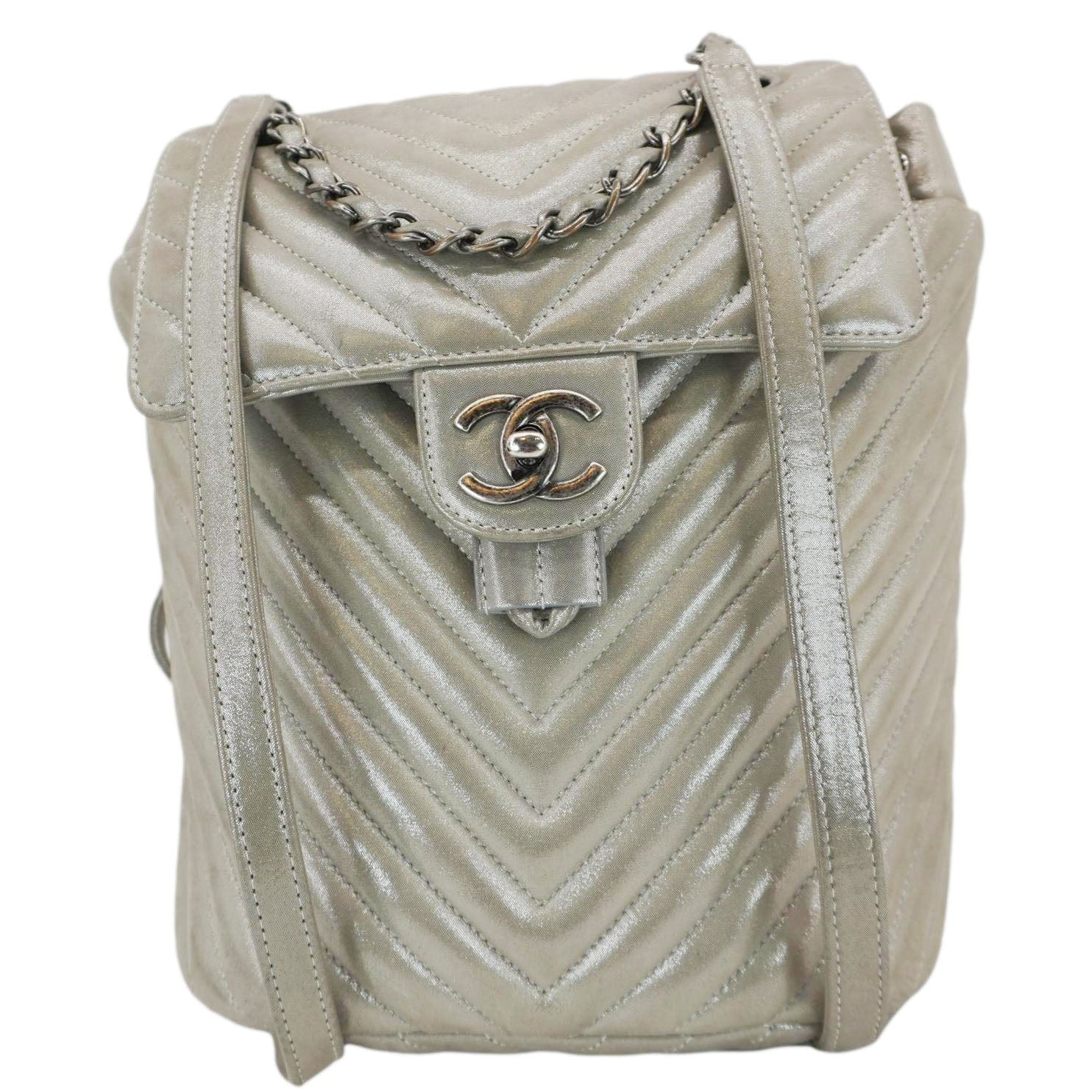 CHANEL Urban Spirit Chevron Calfskin Silver Leather Backpack