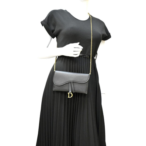 CHRISTIAN DIOR Long Saddle Leather Crossbody Chain Wallet Black