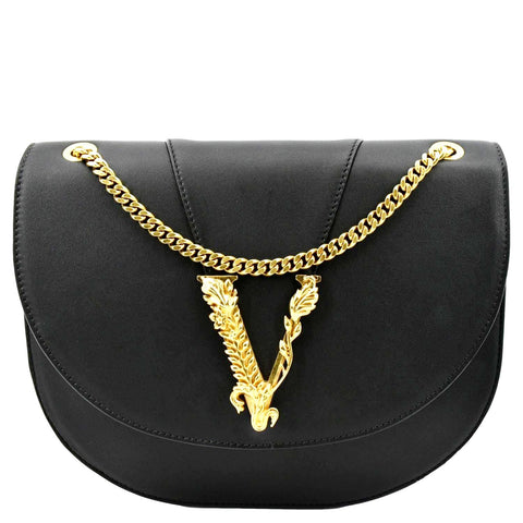 VERSACE Virtus Leather Chain Shoulder Bag Black