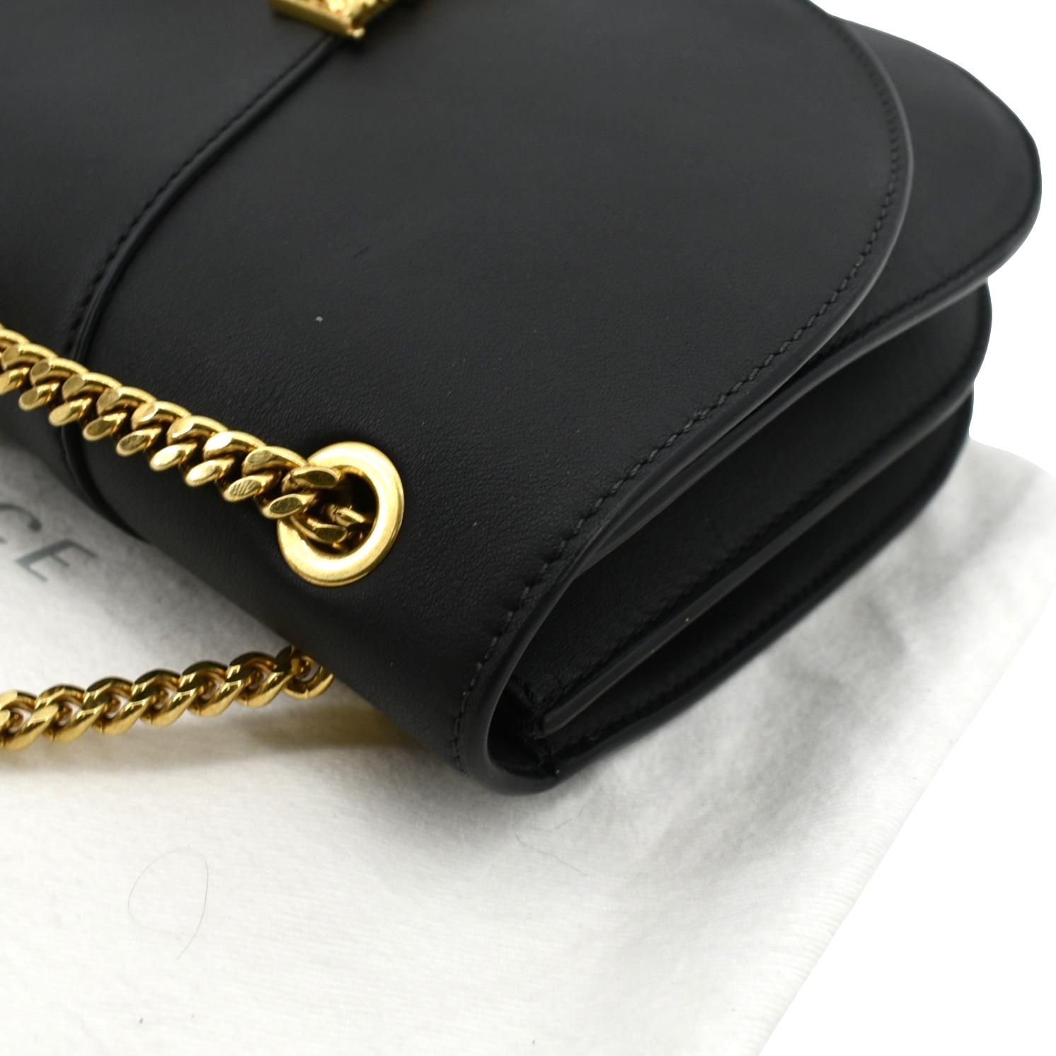 Versace Grainy Calfskin Virtus V Mini Wallet Chain Crossbody Black