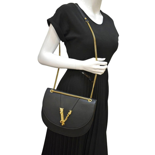 Versace Virtus Leather Chain Shoulder Bag in Black - Full View
