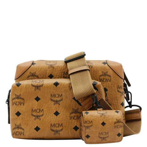 MCM Klassik Multifunction Small Visetos Canvas Crossbody Bag Cognac