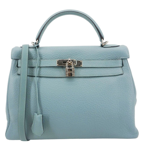 HERMES Kelly 32 Square Taurillon Clemence Leather Tote Shoulder Bag Light Blue