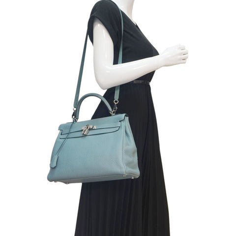 HERMES Kelly 32 Square Taurillon Clemence Leather Tote Shoulder Bag Light Blue