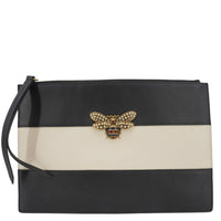 GUCCI Striped Bee Calfskin Leather Pouch Black 476077