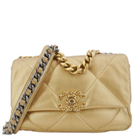 CHANEL 19 Flap Quilted Lambskin Leather Shoulder Bag Metallic Gold