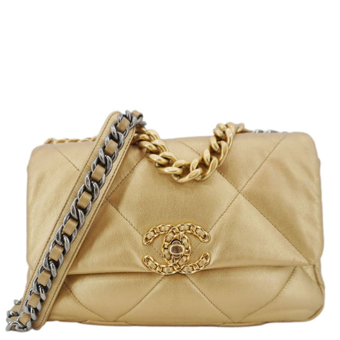 CHANEL 19 Flap Quilted Lambskin Leather Shoulder Bag Metallic Gold