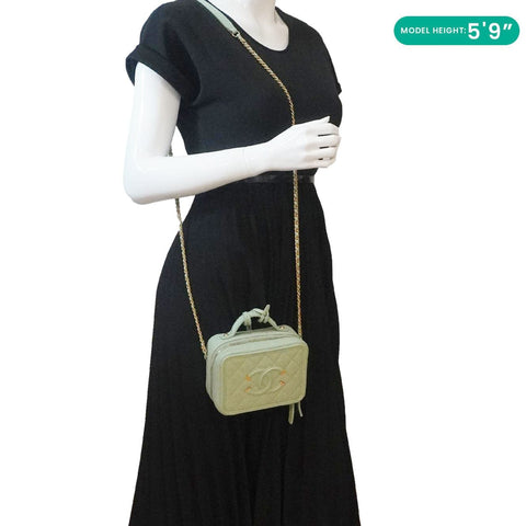 CHANEL Vanity Case Filigree CC Small Caviar Quilted Shoulder Bag Light Green