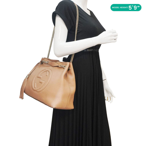 GUCCI Soho Medium Chain Leather Tote Bag Beige 536196