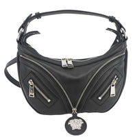 VERSACE Repeat Leather Hobo Shoulder Bag Black