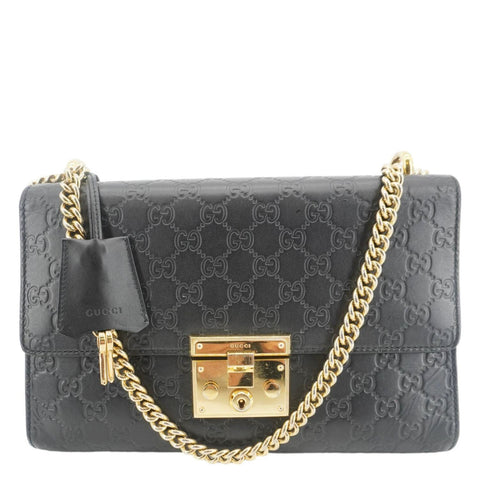 GUCCI Padlock Medium Leather Chain Shoulder Bag Black 409486