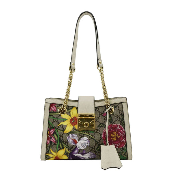 GUCCI Padlock Flora Small GG Supreme Canvas Shoulder Bag Beige 498156