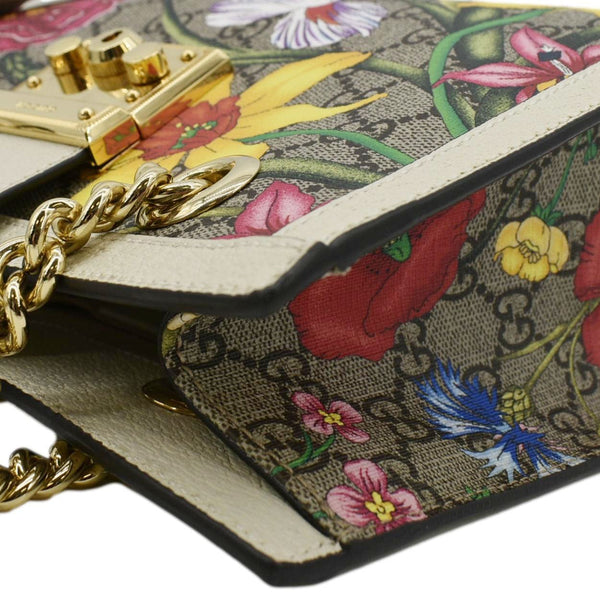 GUCCI Padlock Flora Small GG Supreme Canvas Shoulder Bag Beige 498156