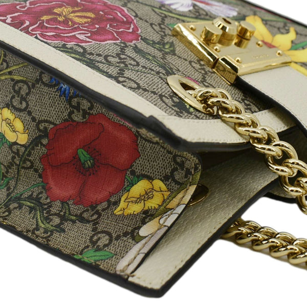 GUCCI Padlock Flora Small GG Supreme Canvas Shoulder Bag Beige 498156