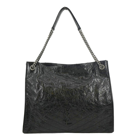 YVES SAINT LAURENT Niki Large Crinkle Leather Shopper Tote Bag Black
