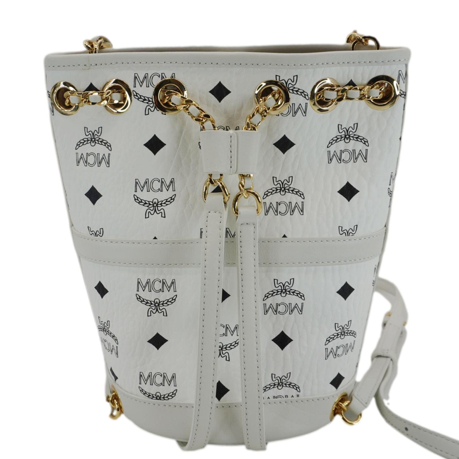 chain detail mini bucket backpack MCM Aren Mini Visetos Canvas Chain White Backpack
