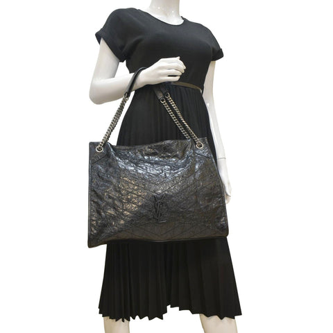 YVES SAINT LAURENT Niki Large Crinkle Leather Shopper Tote Bag Black