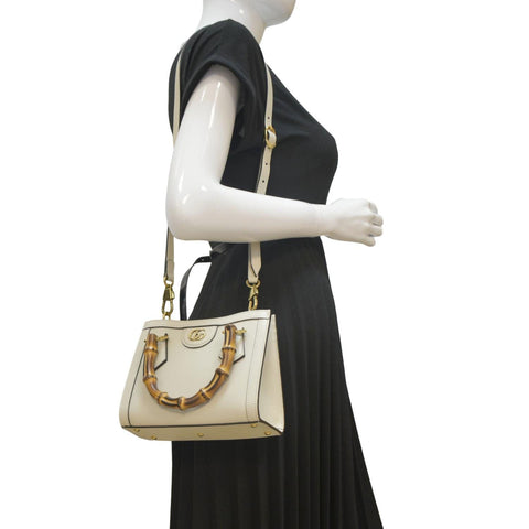 GUCCI Diana Bamboo Mini Leather Tote Bag White 655661
