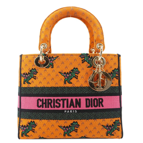 CHRISTIAN DIOR Lady Dior D-Lite Medium Dino Embroidered Shoulder Bag Orange