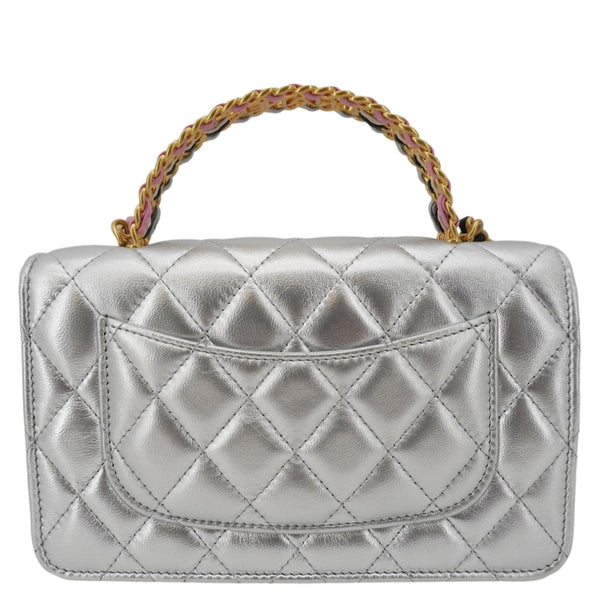 CHANEL Rainbow Woven WOC Calfskin Leather Top Handle Bag Metallic Silver