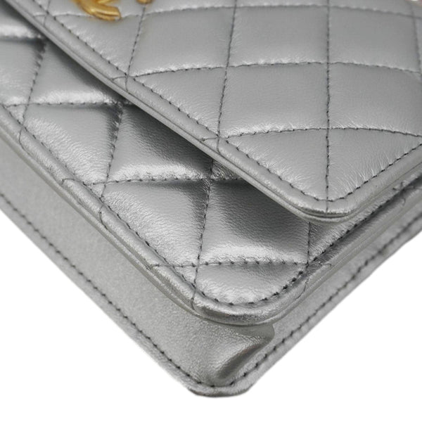 CHANEL Rainbow Woven WOC Calfskin Leather Top Handle Bag Metallic Silver