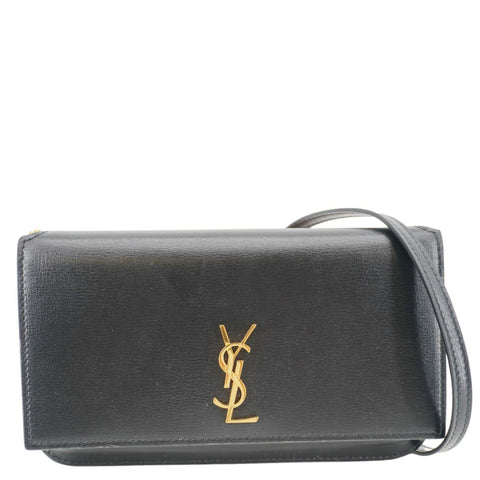 YVES SAINT LAURENT Cassandre Phone Holder Leather Shoulder Bag Black