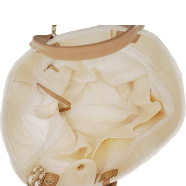 CHANEL Deauville Medium Pearl Embellished Canvas Tote Bag Cream