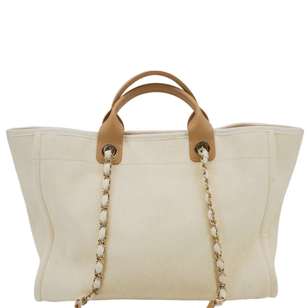 CHANEL Deauville Medium Pearl Embellished Canvas Tote Bag Cream