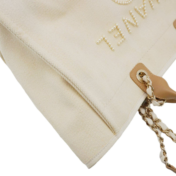 CHANEL Deauville Medium Pearl Embellished Canvas Tote Bag Cream
