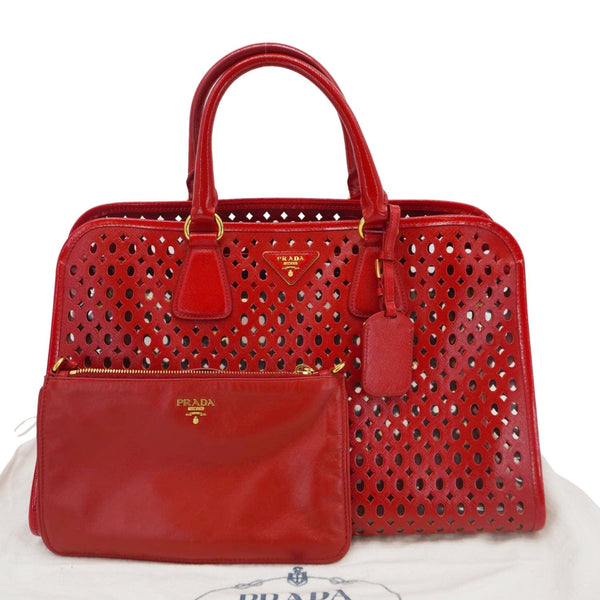 PRADA Saffiano Perforated Leather Tote Bag Red