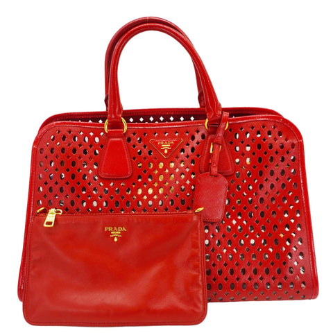 PRADA Saffiano Perforated Leather Tote Bag Red